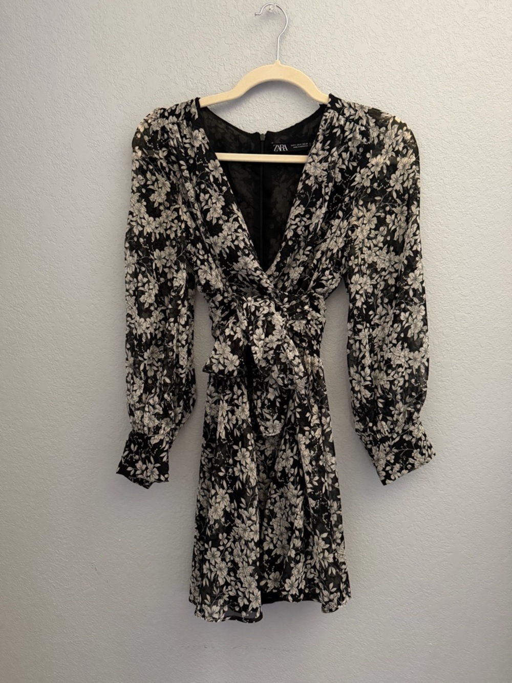 Zara Black and White Floral Wrap Mini Dress